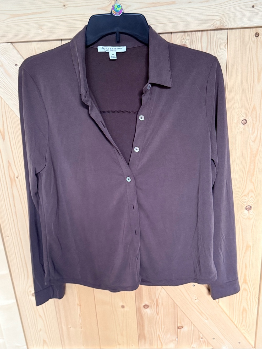 Green Envelope Brown Button-Down Collared Long-Sleeve Top